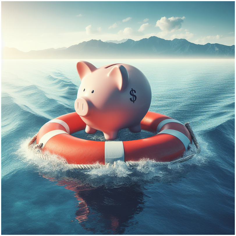 Piggy bank floating on the water in a round life ring.