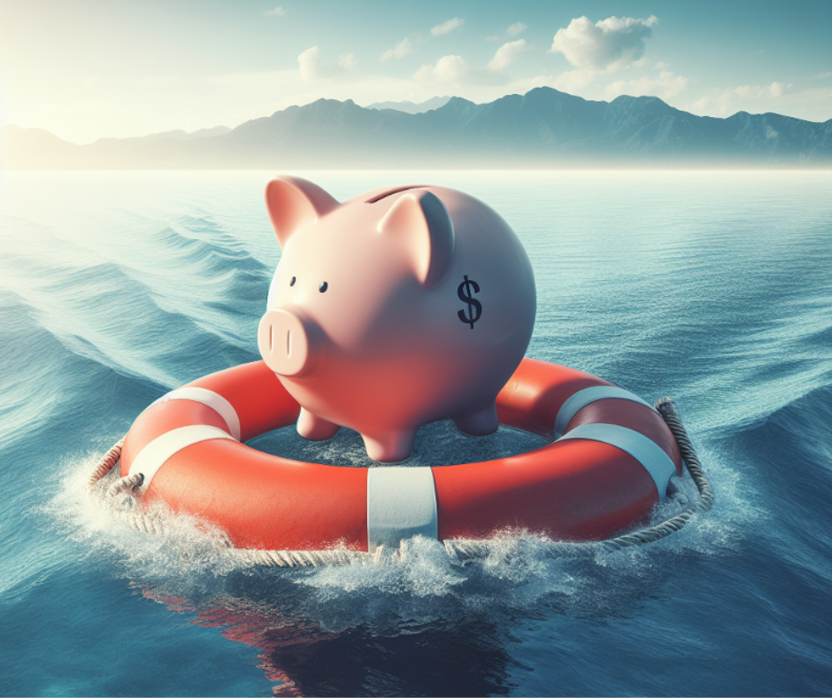 Piggy bank floating on the water in a round life ring.